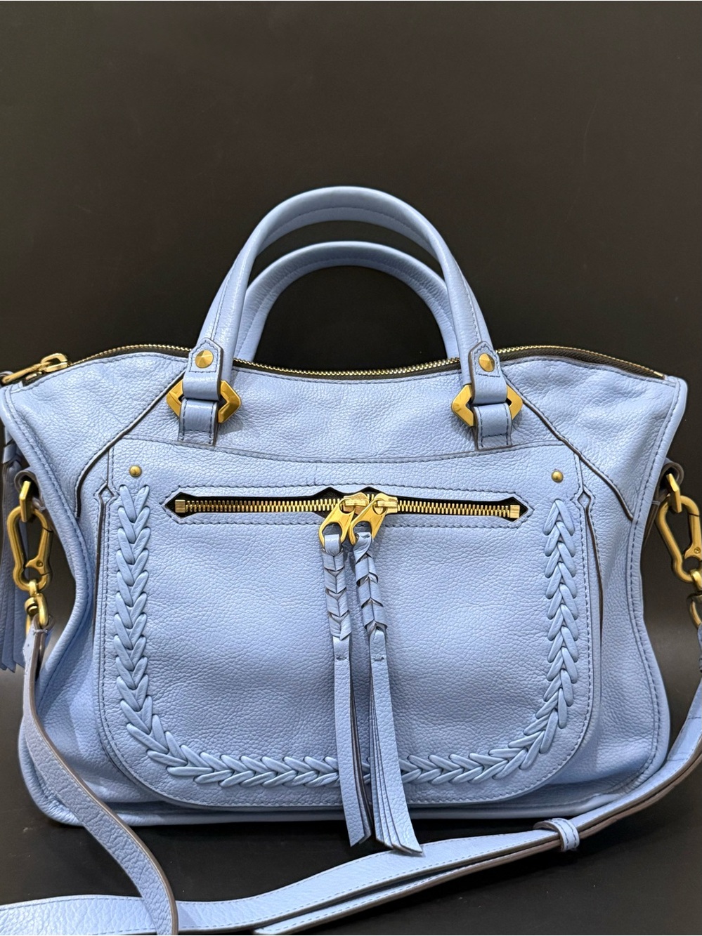OrYANY Sarah Periwinkle Sky Blue Pebbled Leather Braided Satchel Crossbody Bag